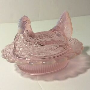 Vintage MosserPink/ Opalescence Glass Hen On Nest Dish/ Rare Find